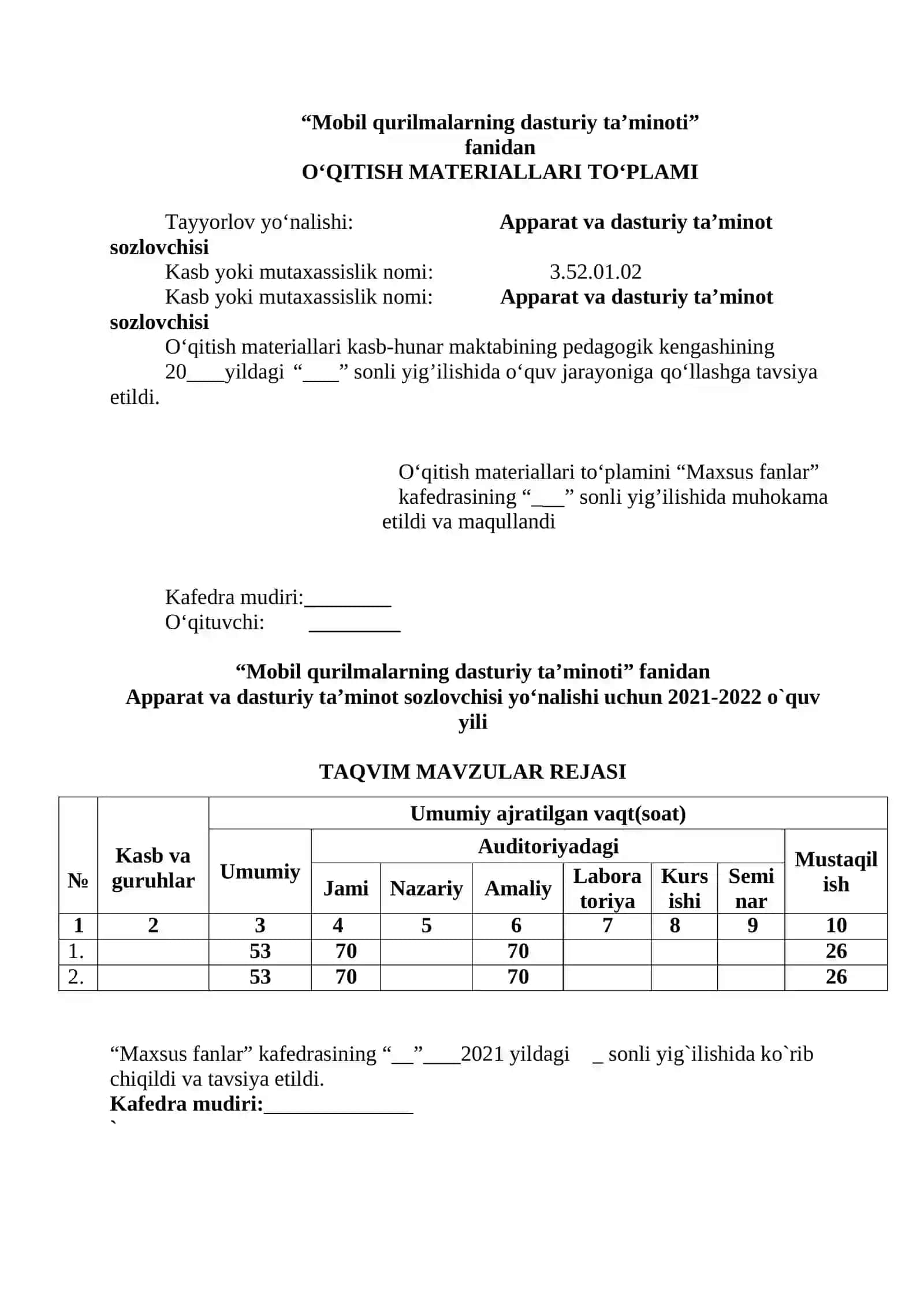 “MOBIL QURILMALARNING DASTURIY TA’MINOTI” FANIDAN O'QITISH MATERIALLARI 2