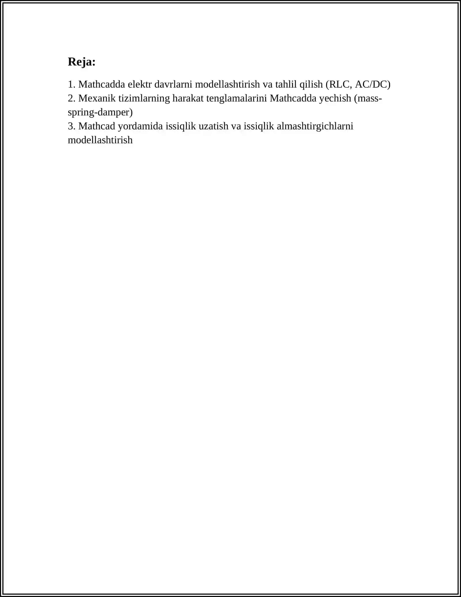 SOHADAGI TEXNIK TIZIMNI IFODALOVCHI MUHANDISLIK MASALALARINI YECHISH (SOHA BOYICHA MATHCAD SISTEMALARIDA ISHLASH) 2