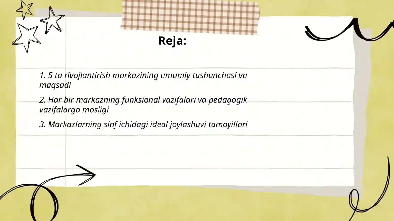 Maktabgacha ta'limda 5 ta rivojlantirish markazlari va ularning joylashuvi, jihozlanishi 2