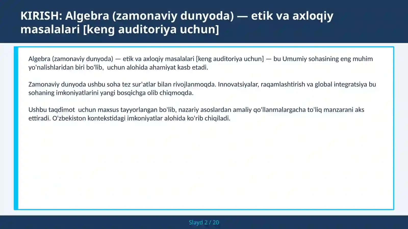 Algebra (zamonaviy dunyoda) — etik va axloqiy masalalari [keng auditoriya uchun] 2