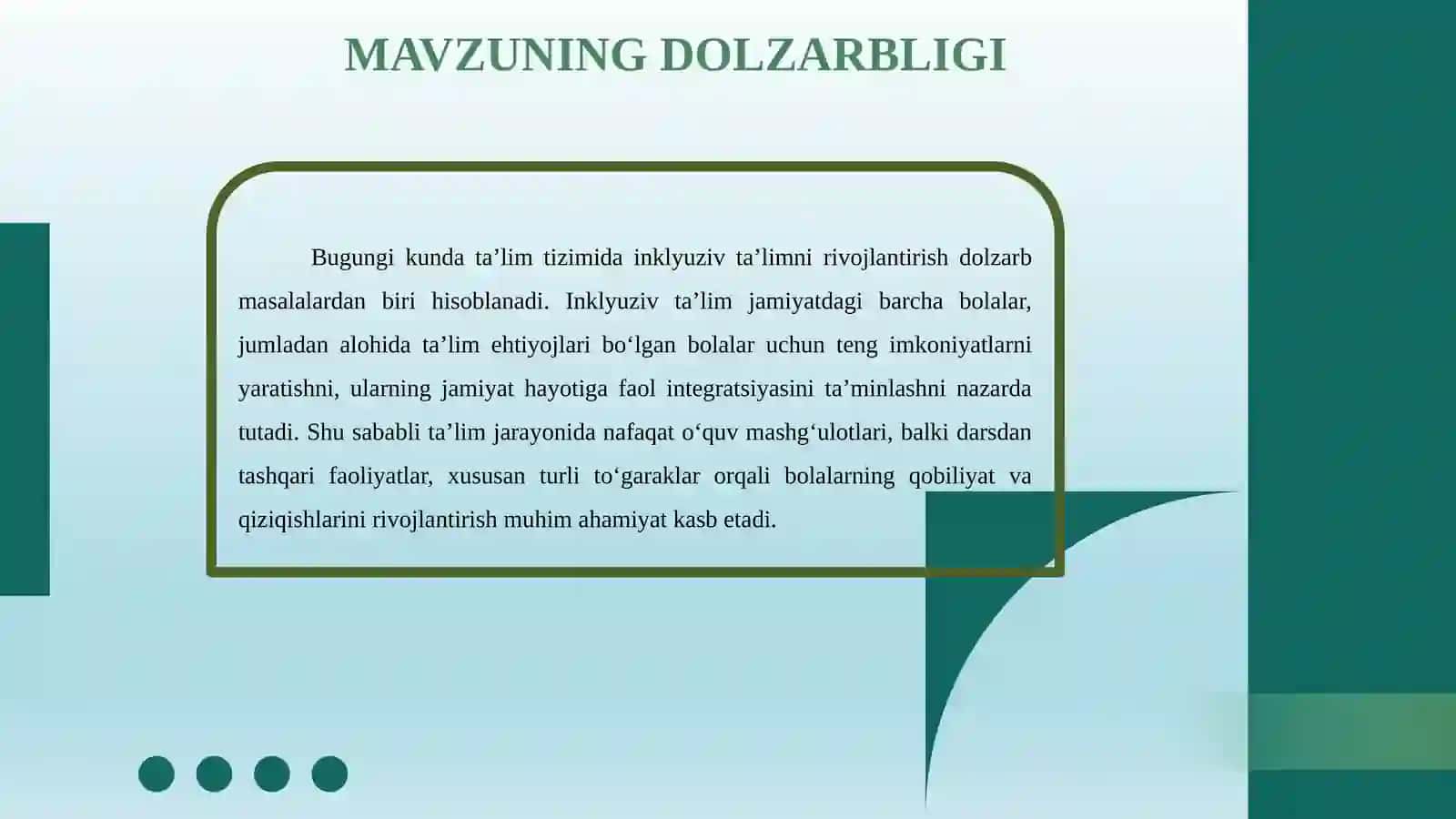 INKLYUZIV TAʼLIM JARAYONIDA ALOHIDA TAʼLIM EHTYOJLARI BOʻLGAN BOLALARNI TOʻGARAKLARGA JALB QILISH 2