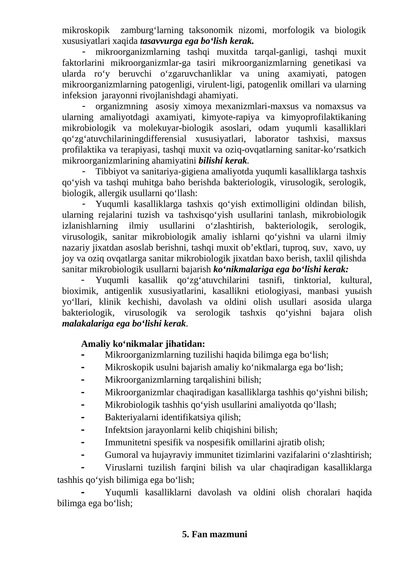 MIKROBIOLOGIYA, VIRUSOLOGIYA, IMMUNOLOGIYA FANI BO‘YICHA SILLABUS 2