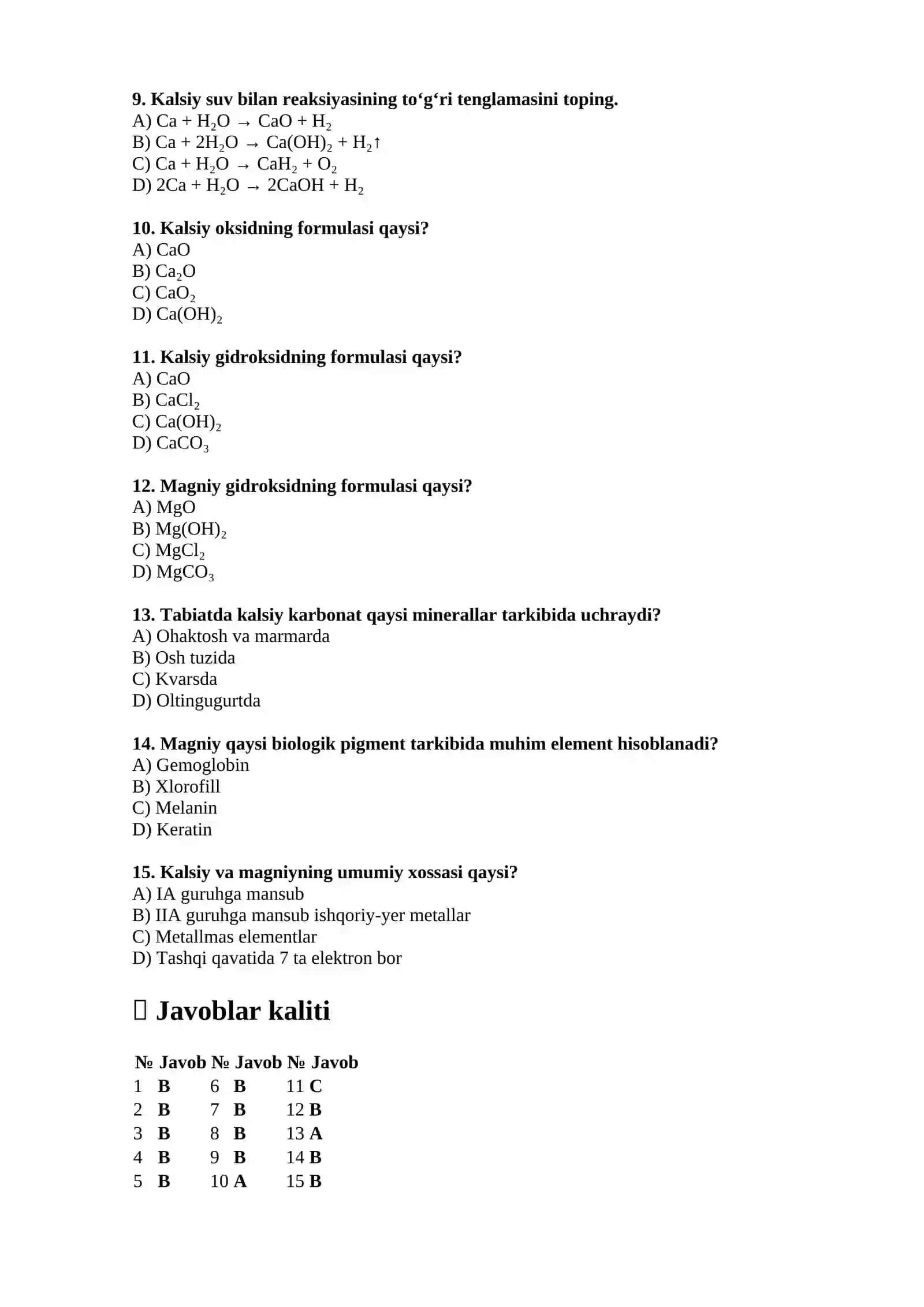 Kalsiy va magniy — 15 ta test 2