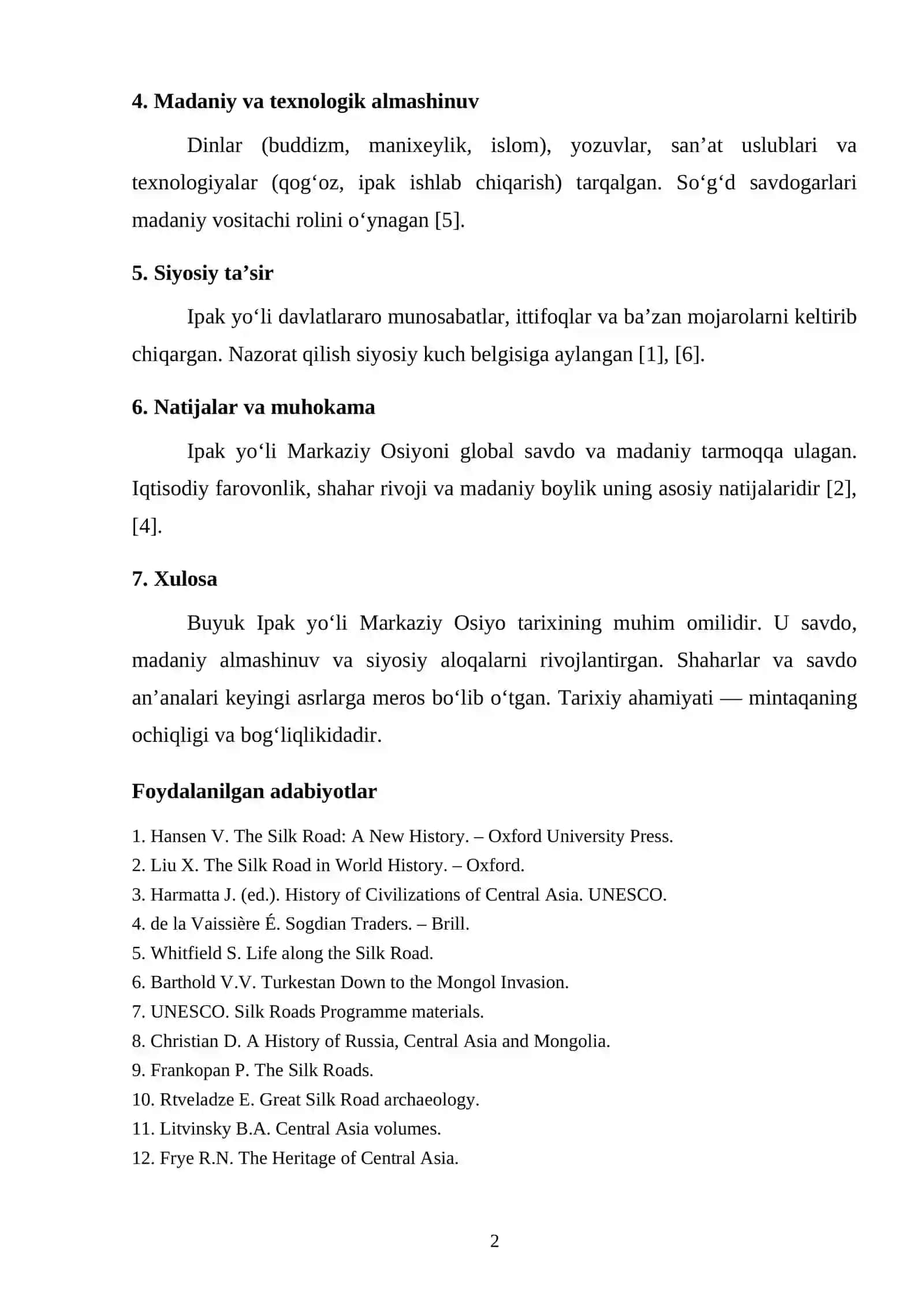 BUYUK IPAK YO‘LINING MARKAZIY OSIYO SIYOSIY, IQTISODIY VA MADANIY HAYOTIDAGI AHAMIYATI 2