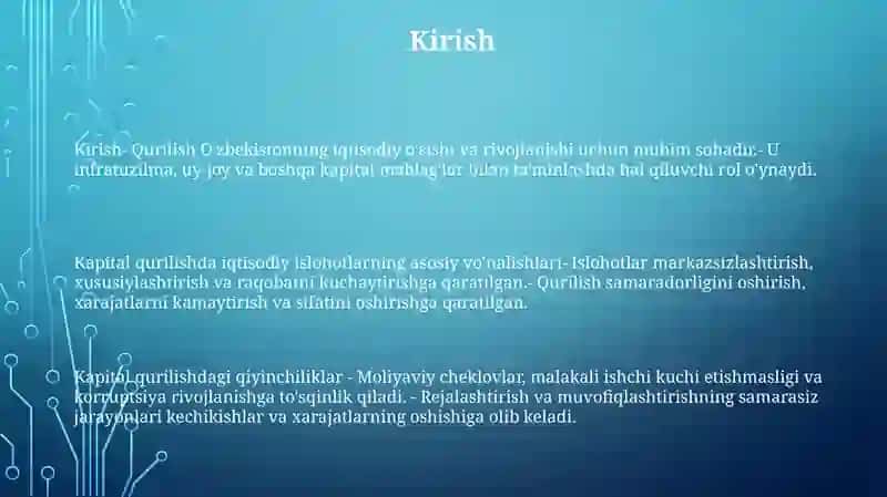 Qurulish-Milliy Iqtisodiyotning Muhim Tarmog'I Sifatida.Kapital Qurilishda Iqtisodiy Islohotlarni Asosiy Yo'Nalishlari Va Muammolari 2