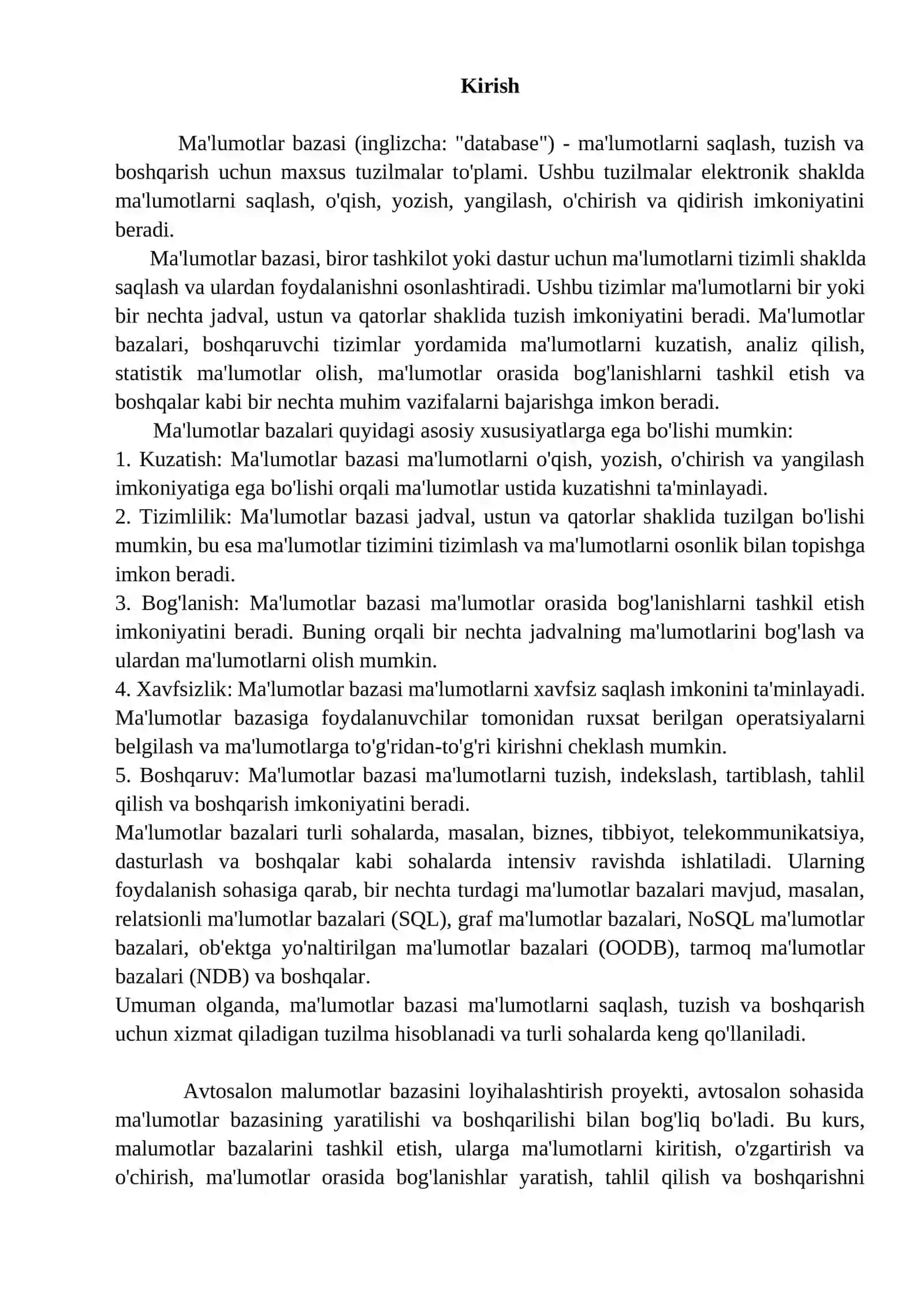 Ma'lumotlar bazasi (Avtosalon ma’lumotlar bazasini loyihalashtirish va ishlab chiqish) 2