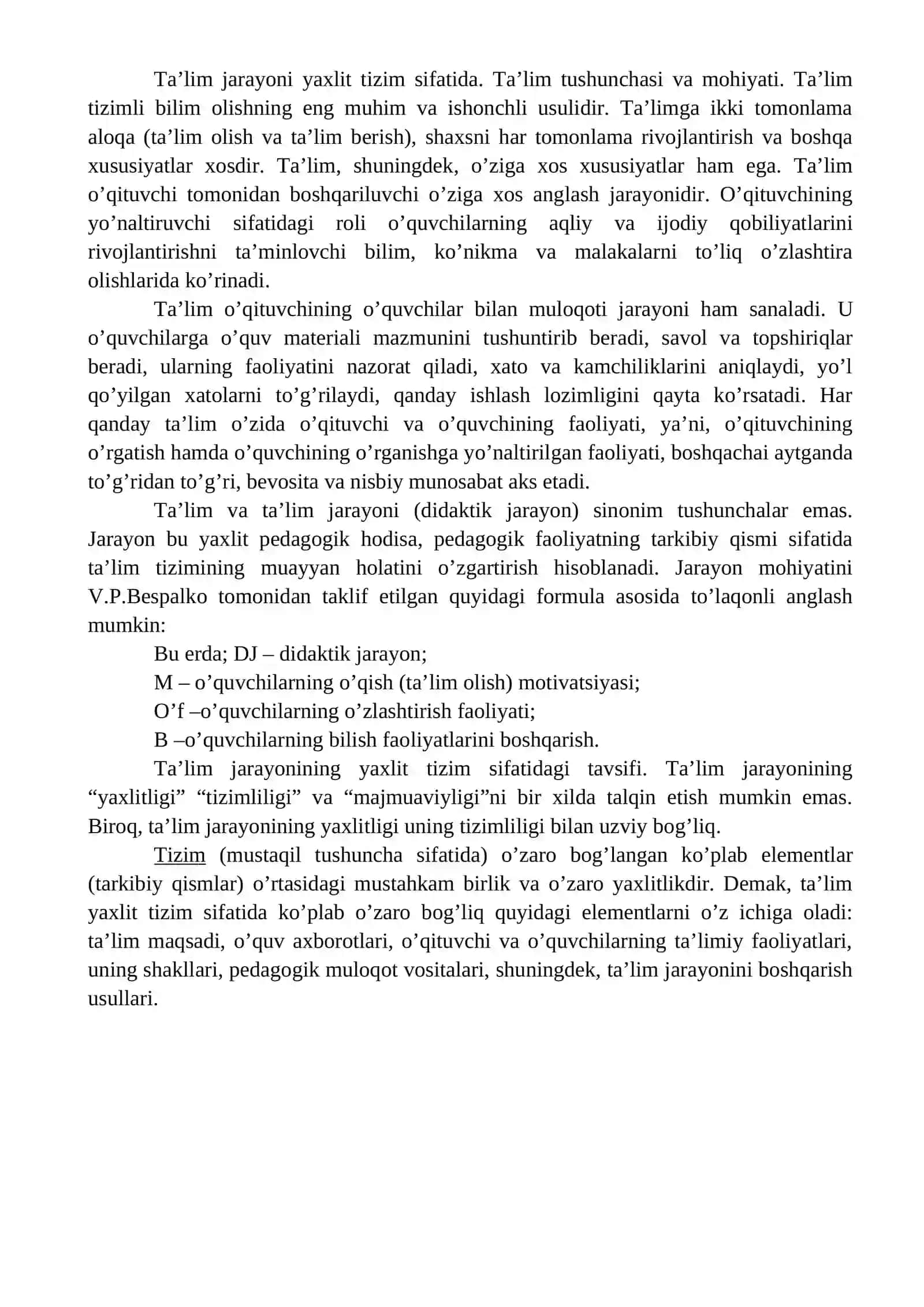 Ta'lim jarayoni yagona pedagogik tizim sifatida 2