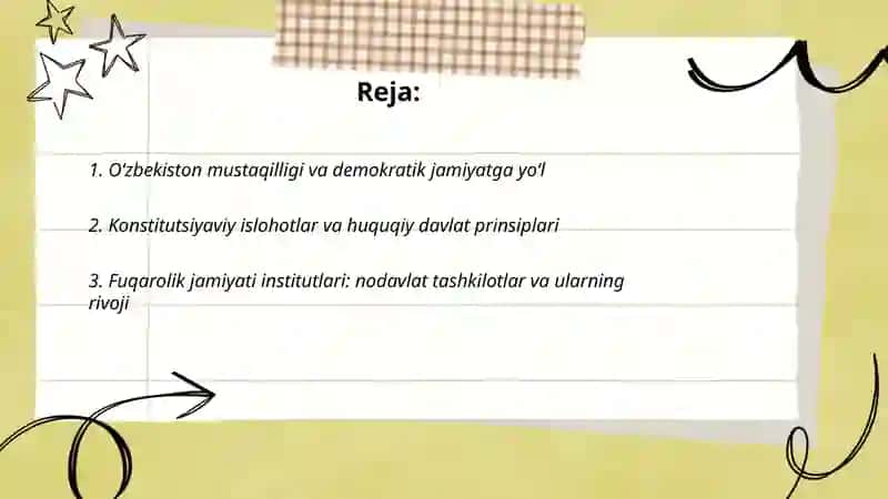 Oʻzbekiston demokratik fuqarolik jamiyat asoslarining shakllanishi, amalga oshirilgan siyosiy islohotlar 2