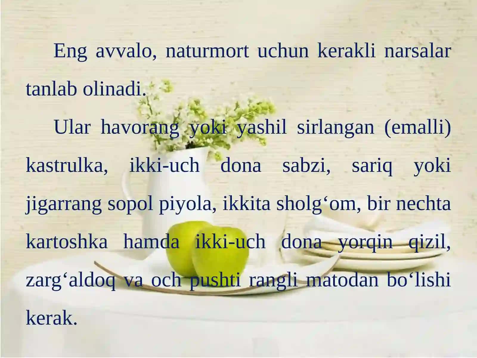 Rang-tuslari jihatidan qarama-qarshi (kontrast) buyumlar dan tashkil topgan naturmort nigrafi 2