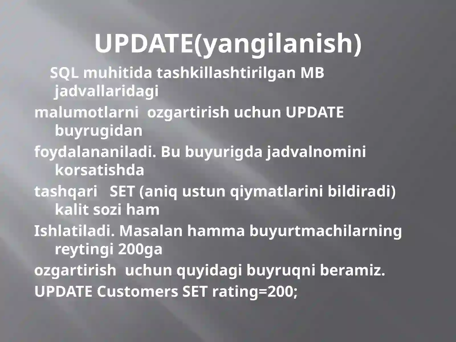 SQL serverda Update, Delete so‘rovlari va ularning vazifalari 2