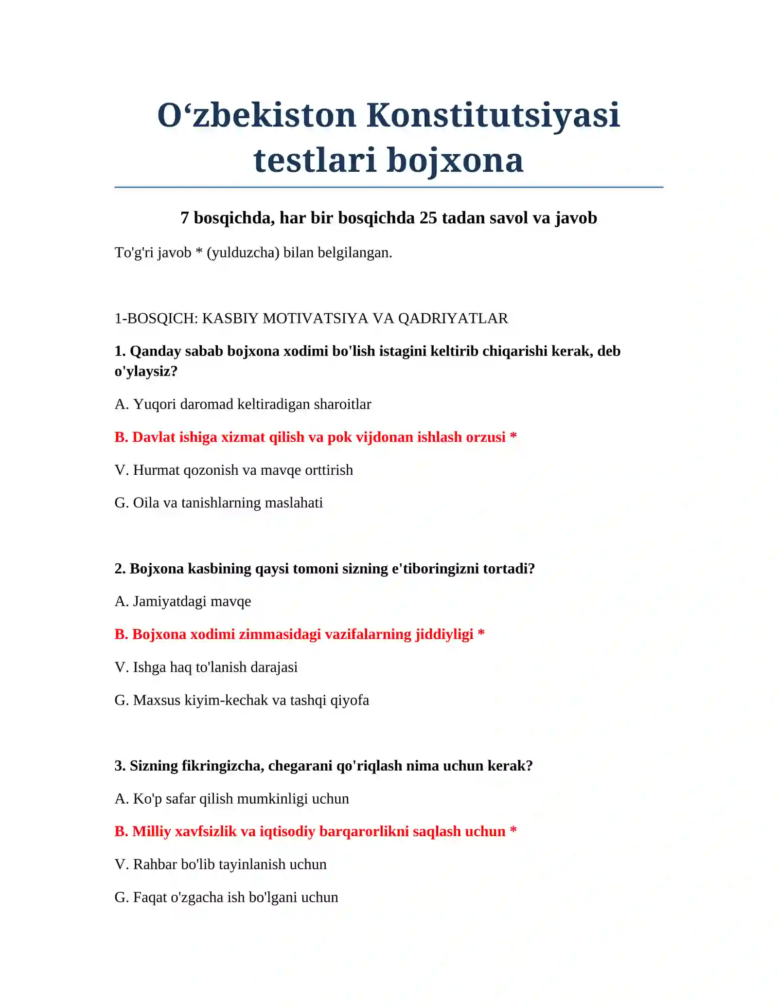O‘zbekiston Konstitutsiyasi testlari bojxona 2