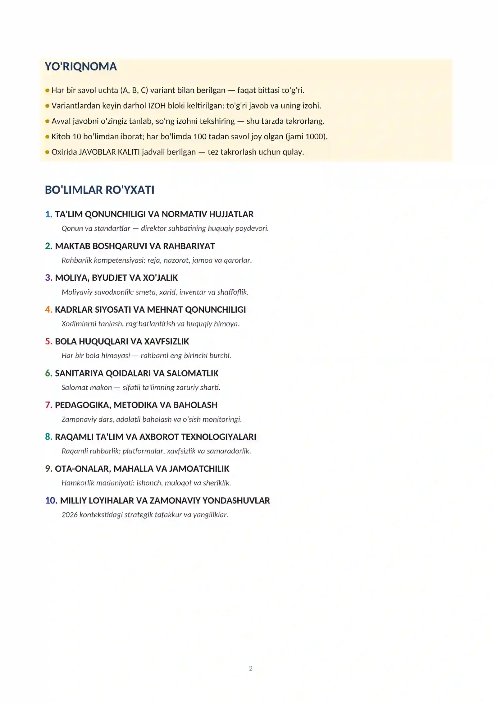 2026 MAKTAB DIREKTORI SUHBAT SAVOLLARI VA JAVOBLARI. TESTLAR BILAN 2