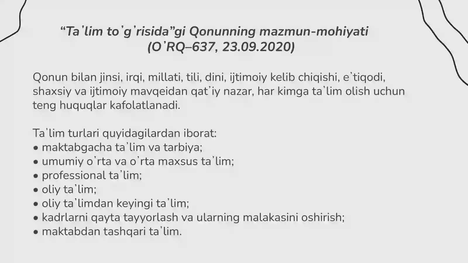 O’zbekiston Respublikasi “Ta’lim to’g’risida”gi  Qonunining mohiyati 2