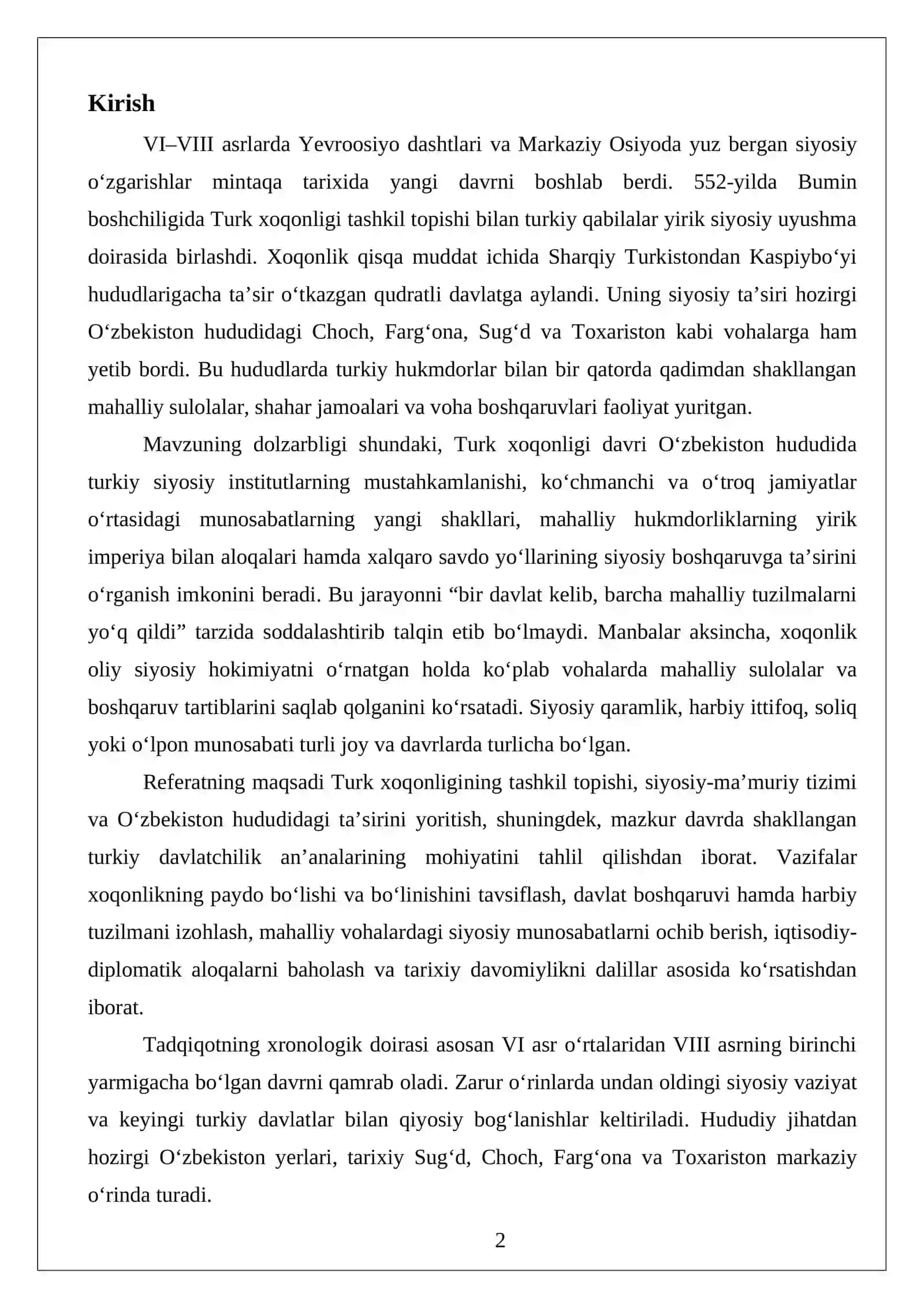 Turk xoqonligi va O‘zbekiston hududida turkiy davlatchilik an’analarining shakllanishi 2