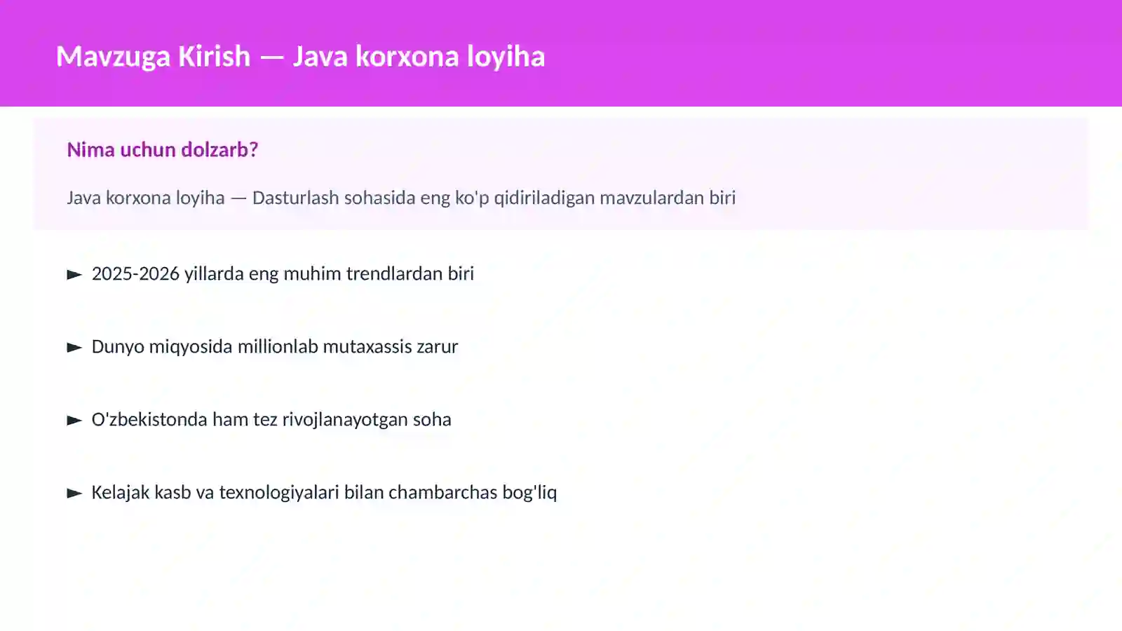 DASTURLASH | JAVA VA KORXONA 2