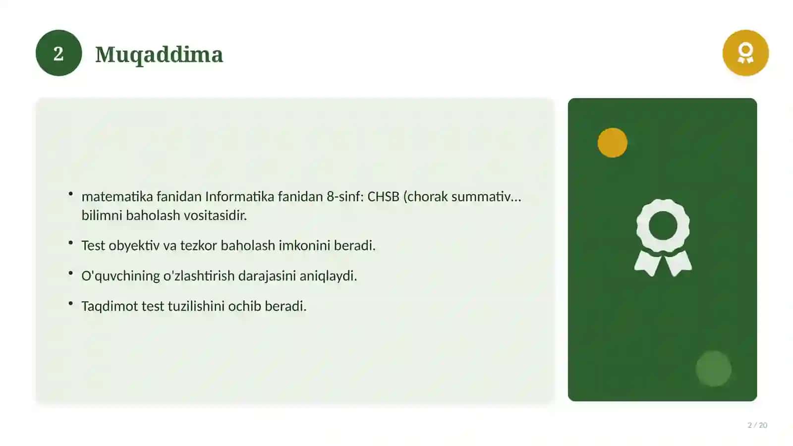 Informatika fanidan 8-sinf: CHSB (chorak summativ baholash) 2