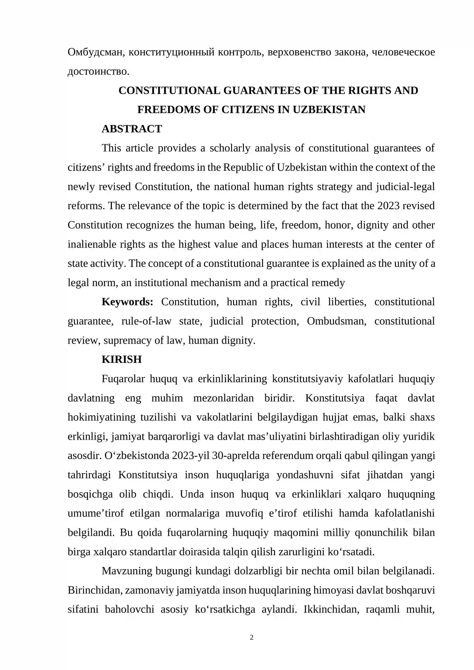 OʻZBEKISTONDA FUQAROLAR HUQUQ VA ERKINLIKLARINING KONSTITUTSIYAVIY KAFOLATLARI 2