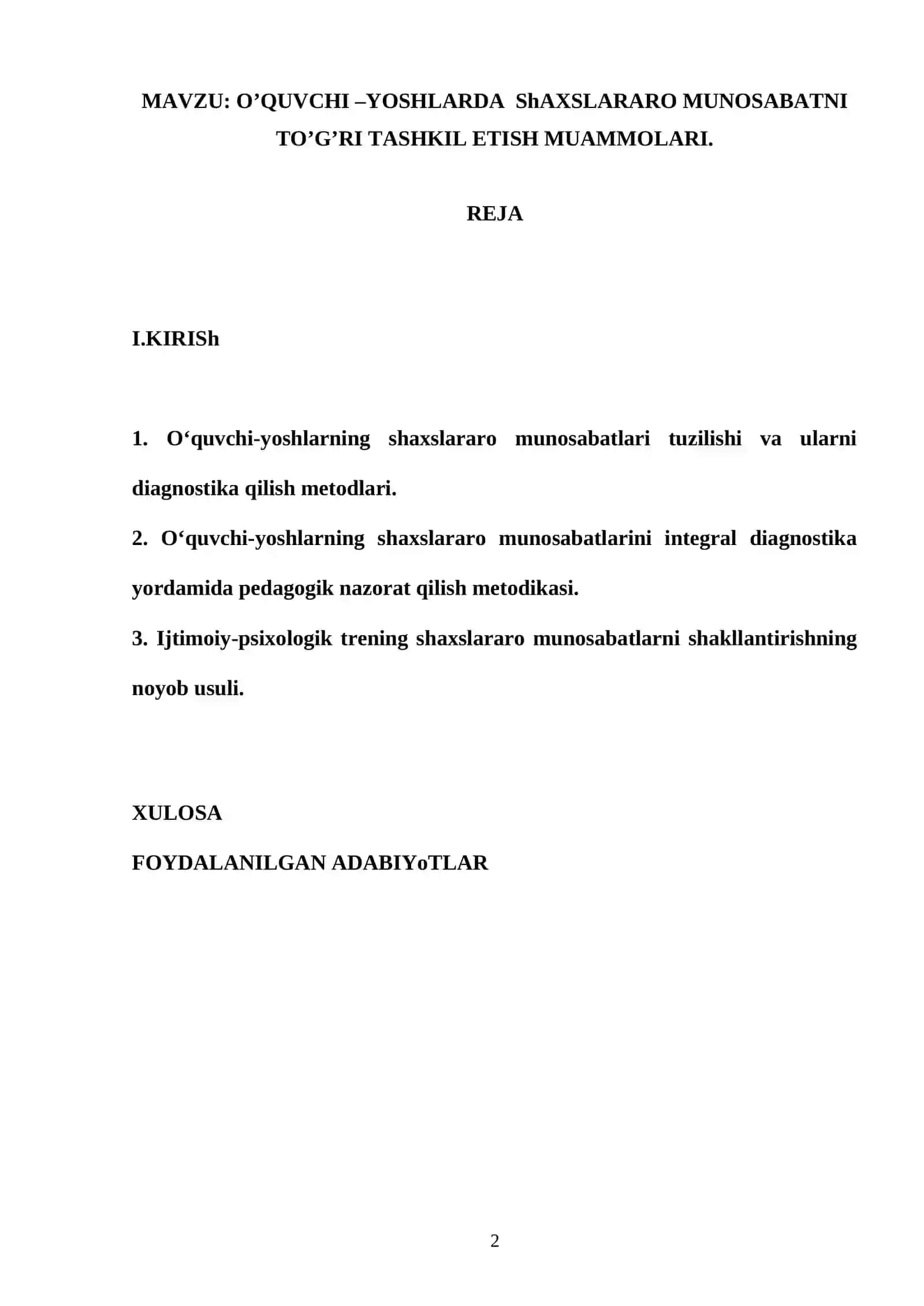 O’QUVCHI –YOSHLARDA ShAXSLARARO MUNOSABATNI TO’G’RI TASHKIL ETISH MUAMMOLARI 2