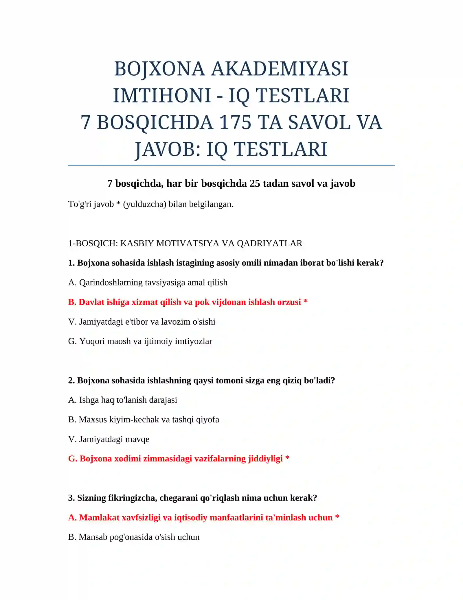 BOJXONA AKADEMIYASI IMTIHONI - IQ TESTLARI 2