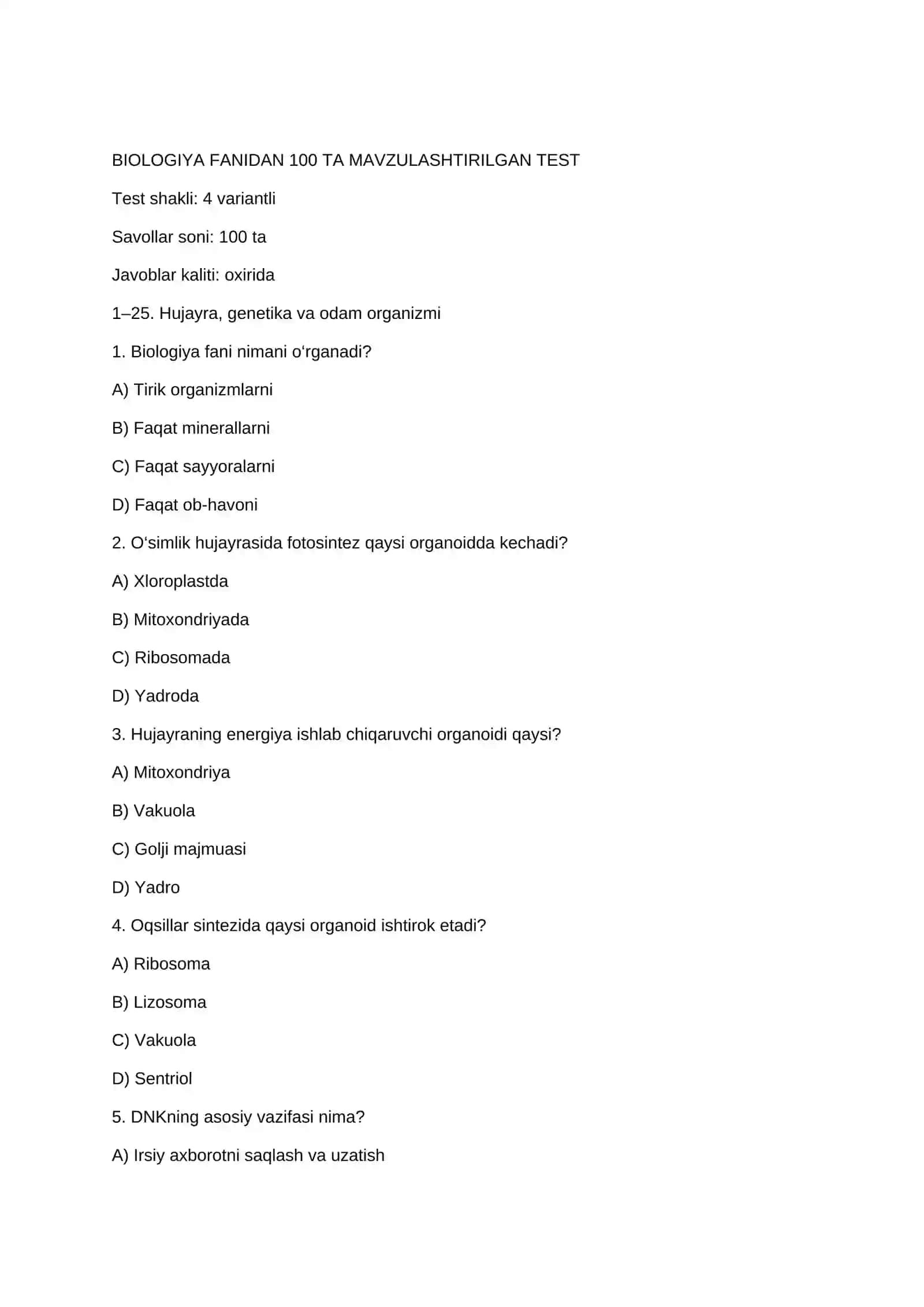 BIOLOGIYA FANIDAN 100 TA MAVZULASHTIRILGAN TEST 2