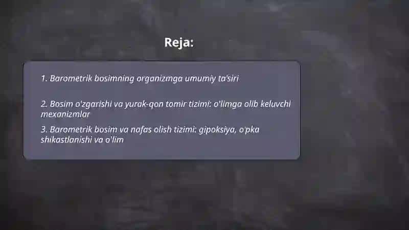 Barometrik bosim organizmga tasiri.O'lim sabablari va murdadagi belgilari 2