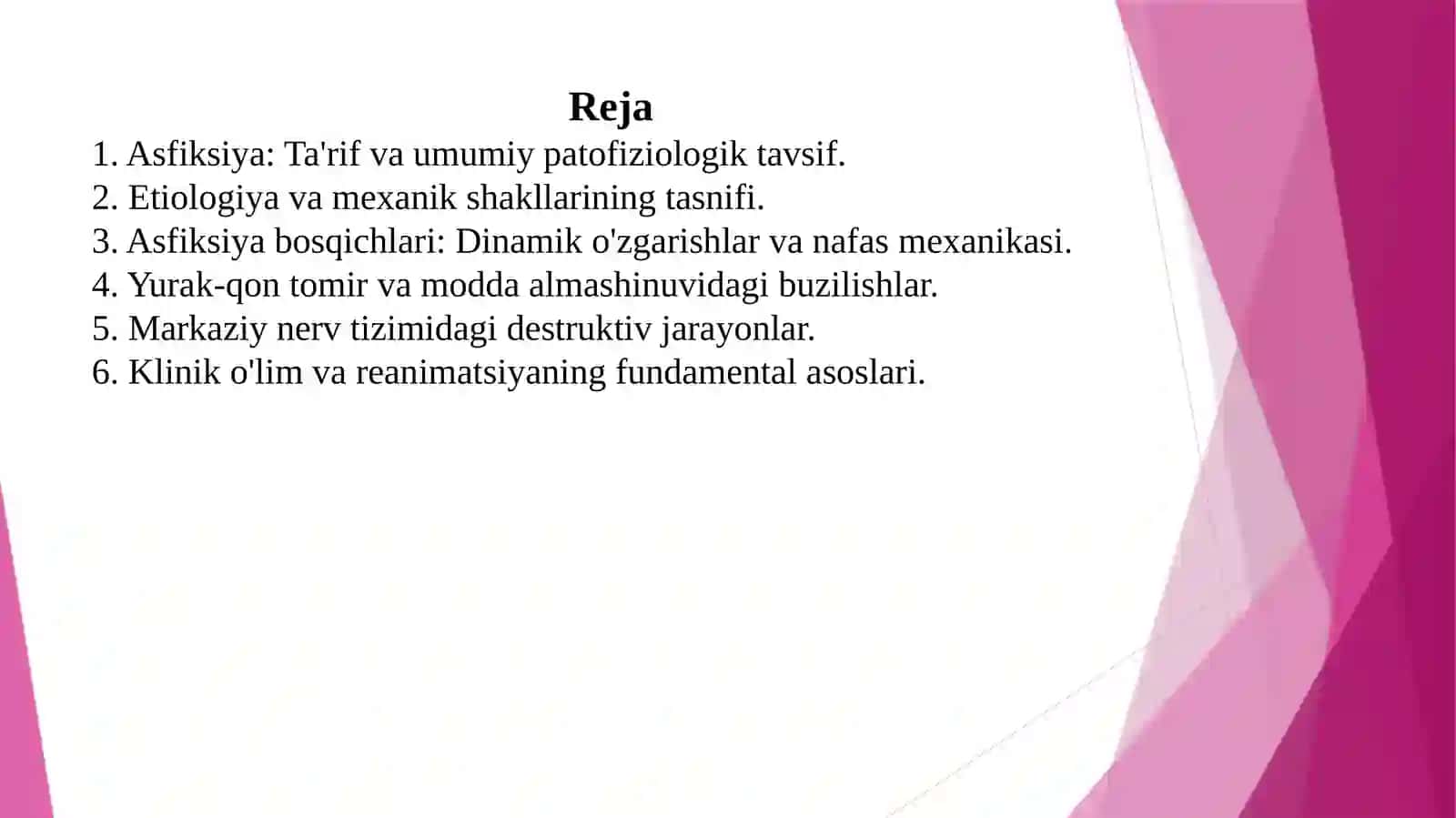 Asfiksiyaning patologik jarayon rivojlanishi 2