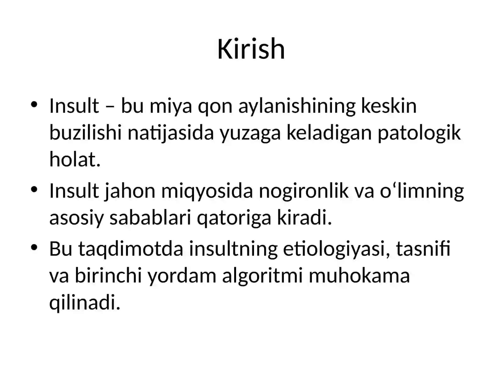 INSULT: ETIOLOGIYASI, TASNIFI VA BIRINCHI YORDAM ALGORITMI 2
