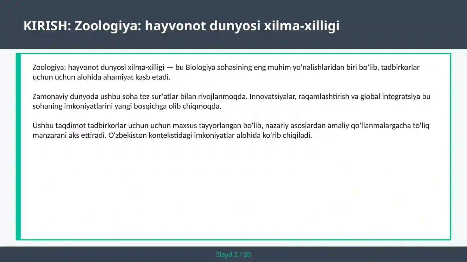 Zoologiya: Hayvonot Dunyosi Xilma-Xilligi 2