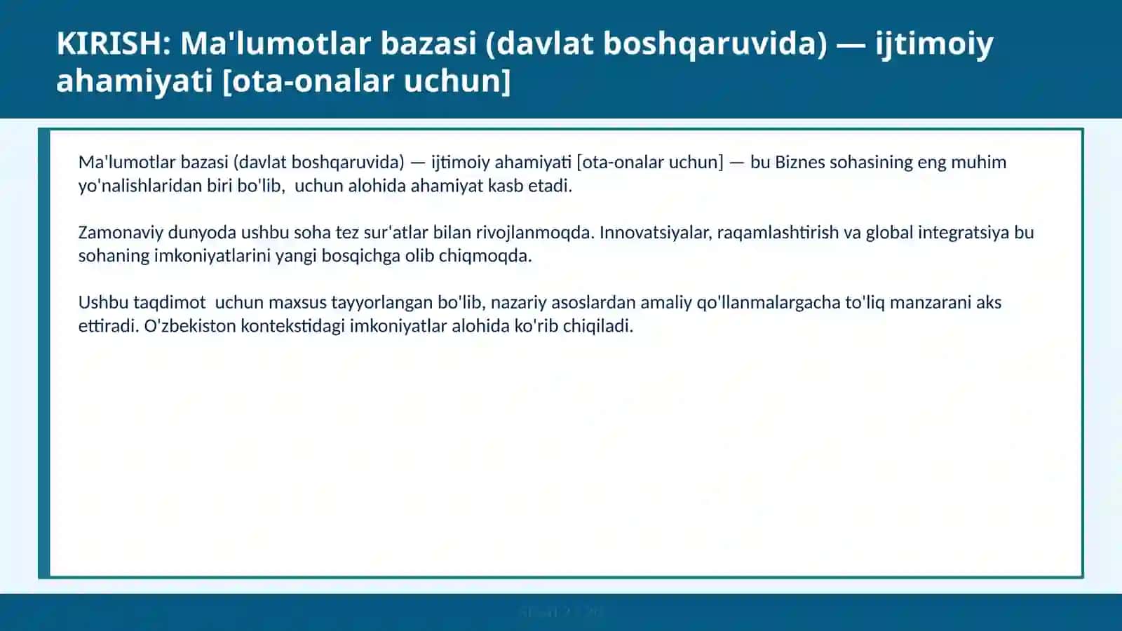 Ma'lumotlar bazasi (davlat boshqaruvida) — ijtimoiy ahamiyati [ota-onalar uchun] 2