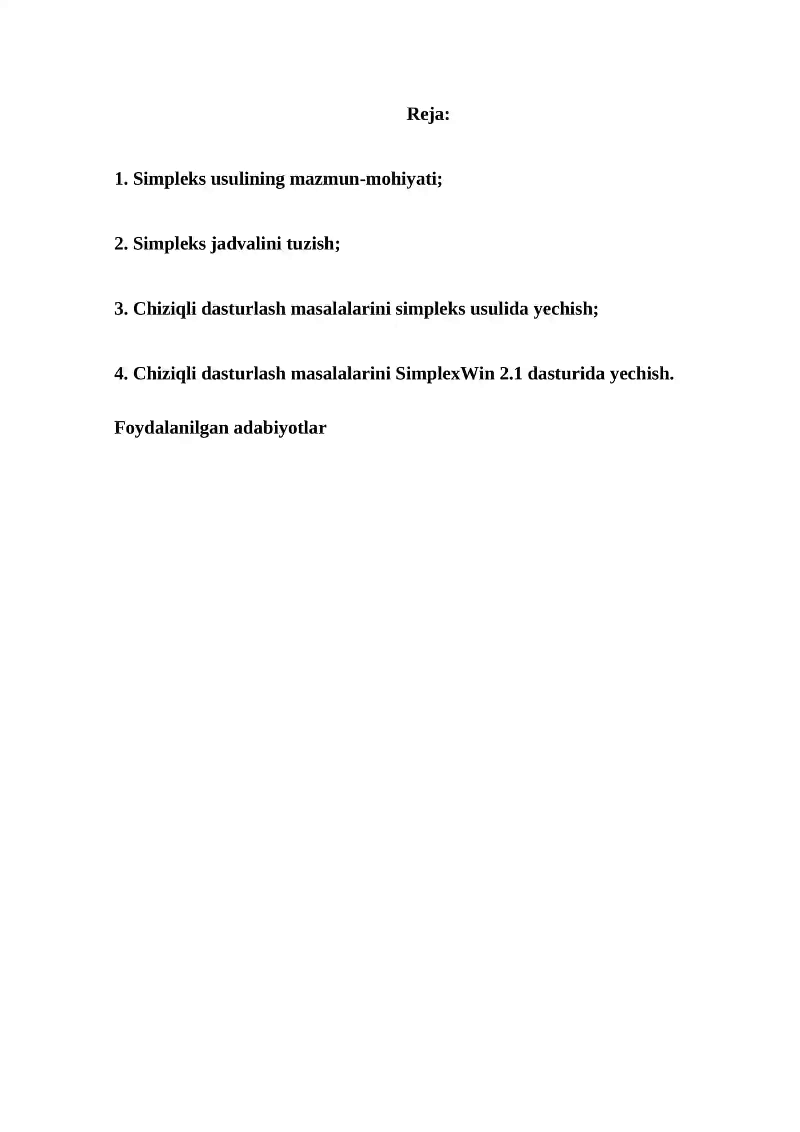 CHIZIQLI DASTURLASH MASALALARINI YECHISHNING SIMPLEKS USULI. REFERAT 2