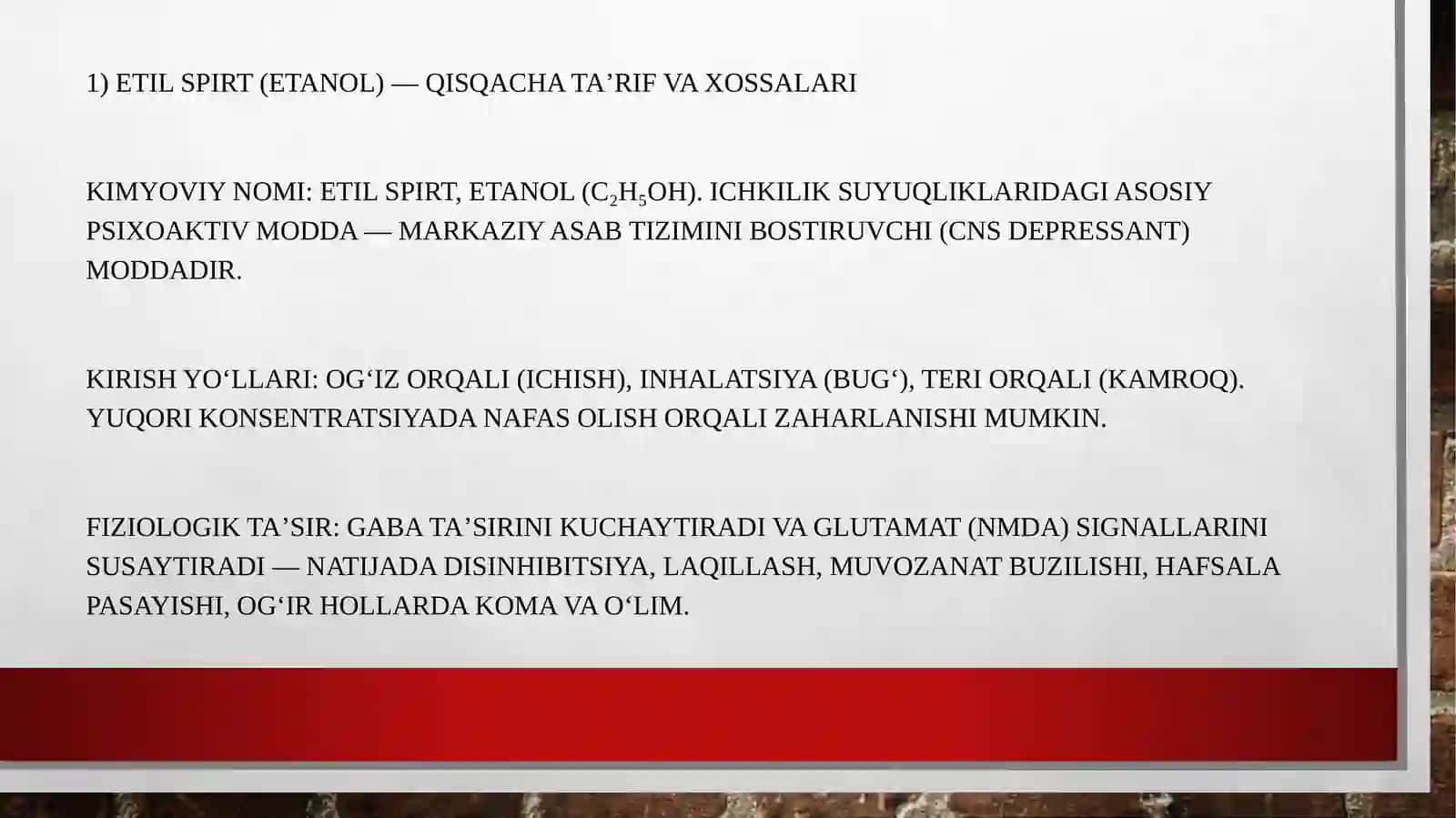 ETIL SPIRTI. ALKOGOLIZM VA UNING ASORATLARI 2