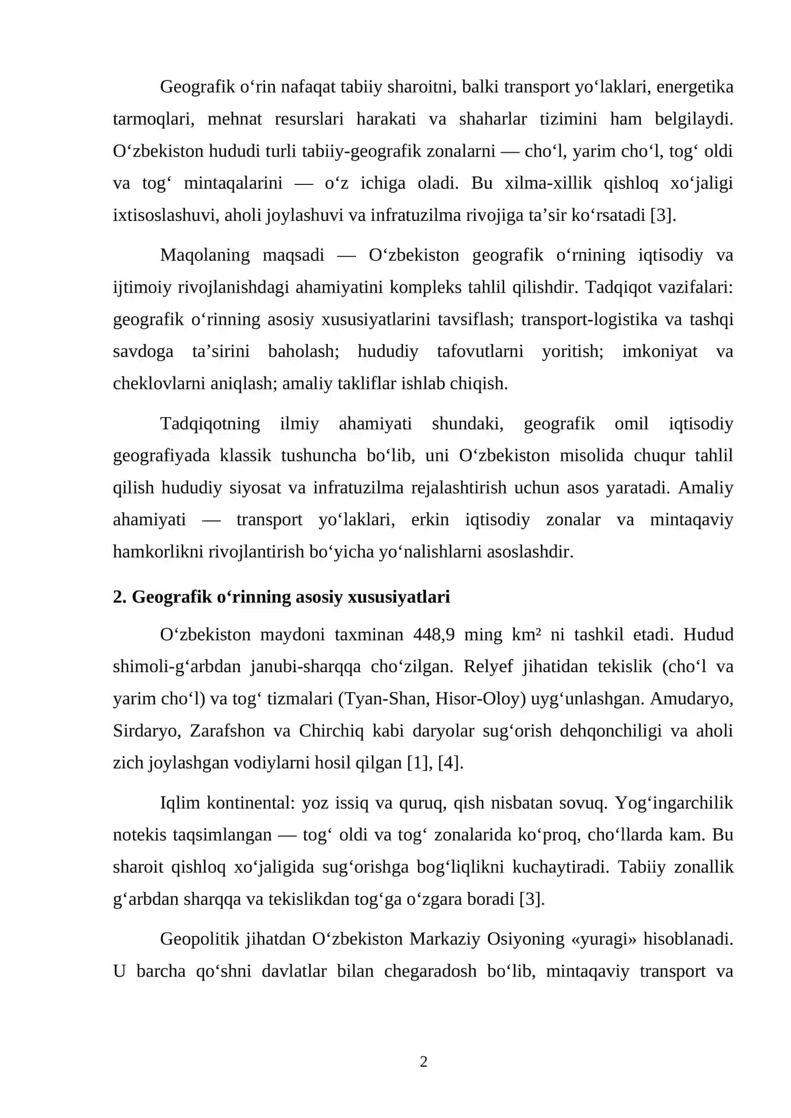 O‘ZBEKISTON GEOGRAFIK O‘RNINING MAMLAKAT IQTISODIY VA IJTIMOIY RIVOJLANISHIDAGI AHAMIYATI 2