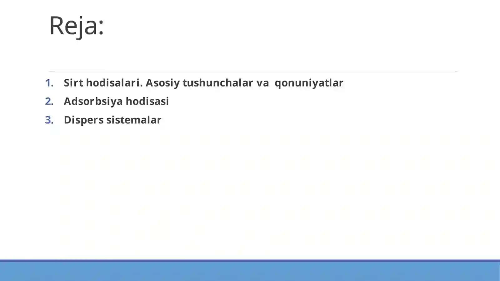 Sirt hodisalar. Xromatografiya, uni tibbiyotdagi ahamiyati. Adsorbsiya. Organizmda kechadigan so‘rilish jarayonlarining modda almashinuviga ta’siri. Kolloid dispers sistema, tibbiyotdagi ahamiyati. Mitsella tuzilishi 2