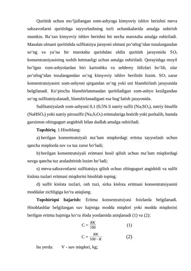 Quritish uchun qo‘shimcha moddalar va invertarlar miqdorini hisoblash 2