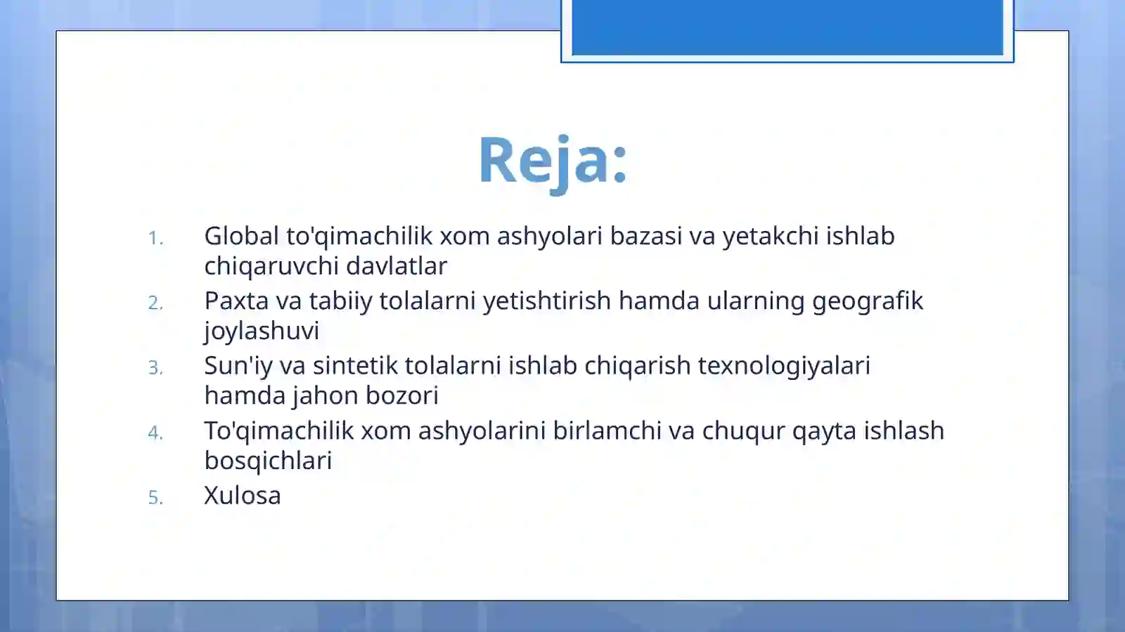 Dunyo mamlakatlarida toʼqimachilik xom ashyosini yetishtirish va qayta ishlash 2