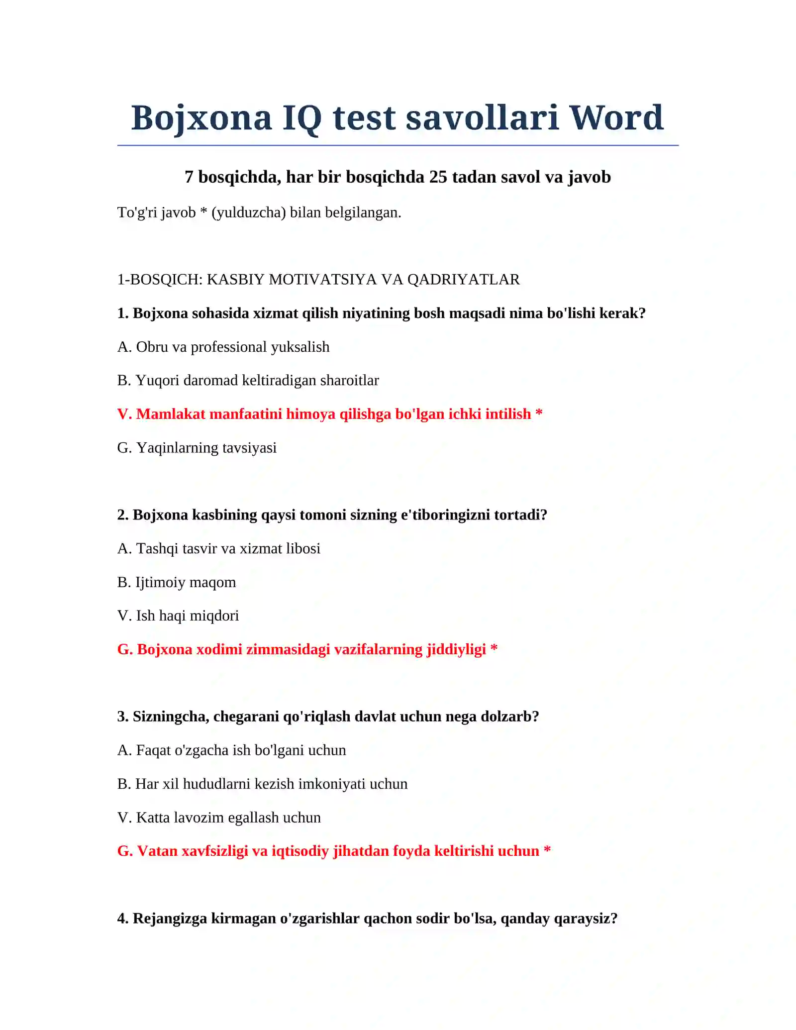 Bojxona IQ test savollari Word 2