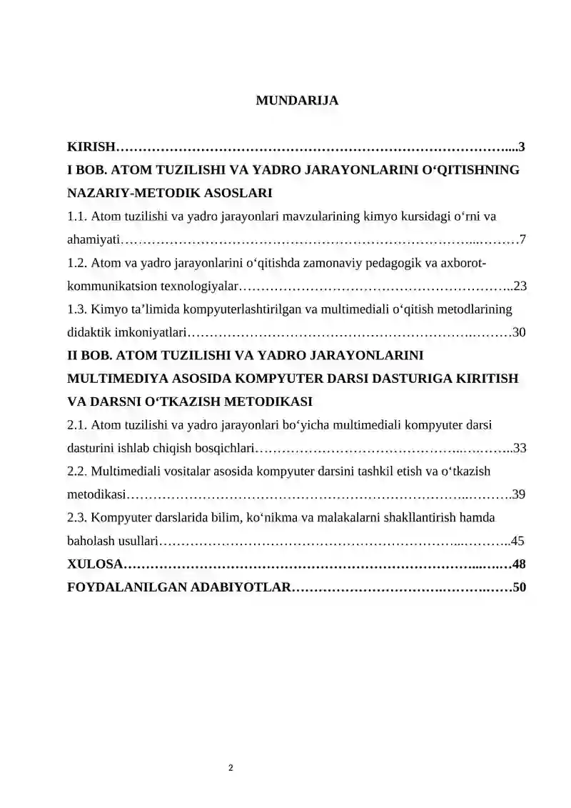 Atom tuzilishi va yadro jarayonlarini multifilikatsiya qilish kompyuter darsi dasturiga kiritish va darsni o'tkazish metodikasi. 2