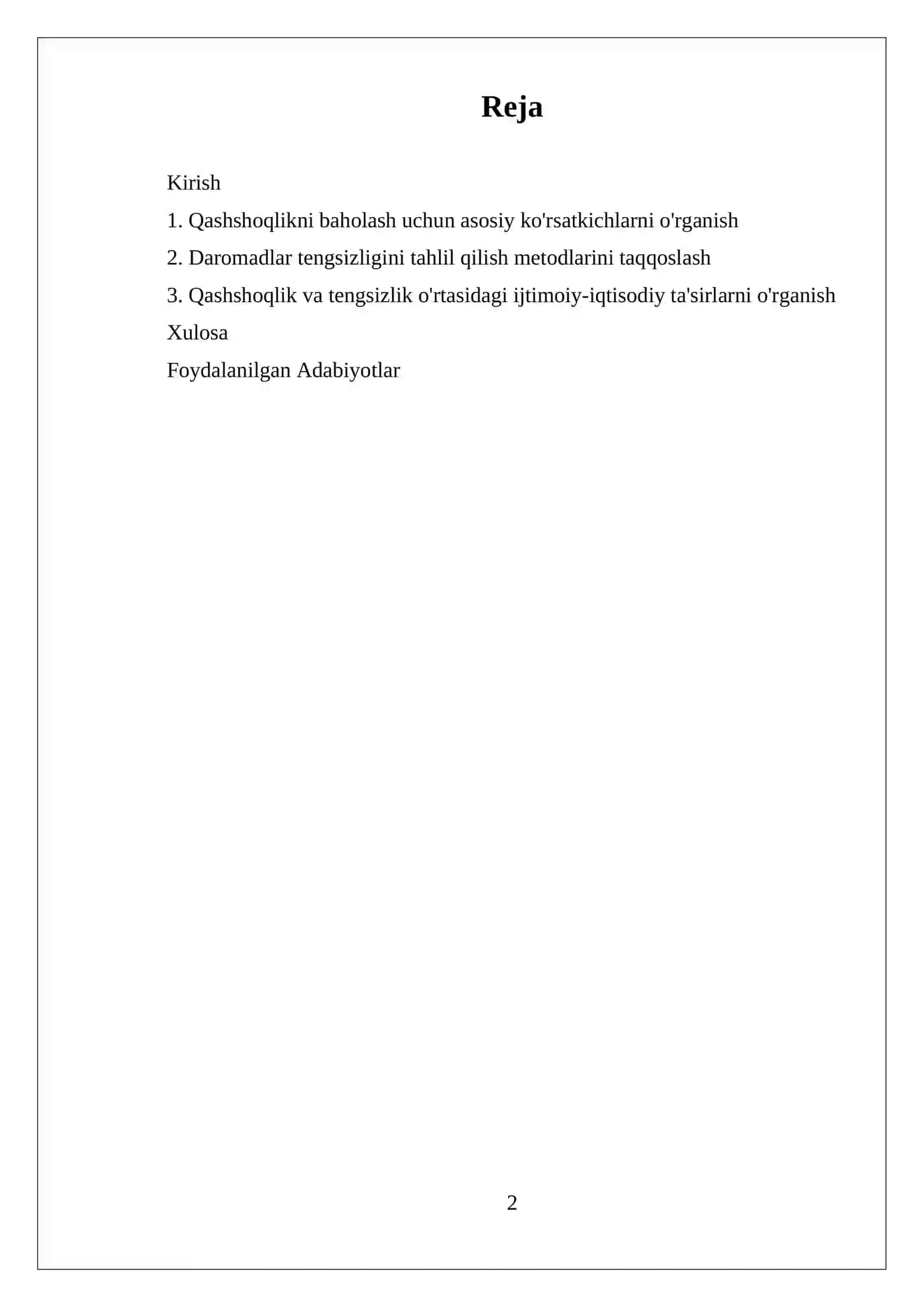 QASHSHOQLIK VA DAROMADLAR TENGSIZLIGINI BAHOLASH KOʻRSATKICHLARI BOʻYICHA TAQQOSLAMA TAHLIL TAYYORLASH 2