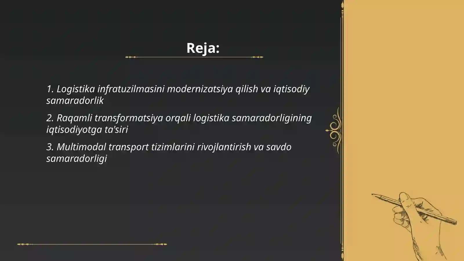Lagistika samaradorligini Iqtisodiyitga tasiri 2030yilgacha strategiya boyicha 2