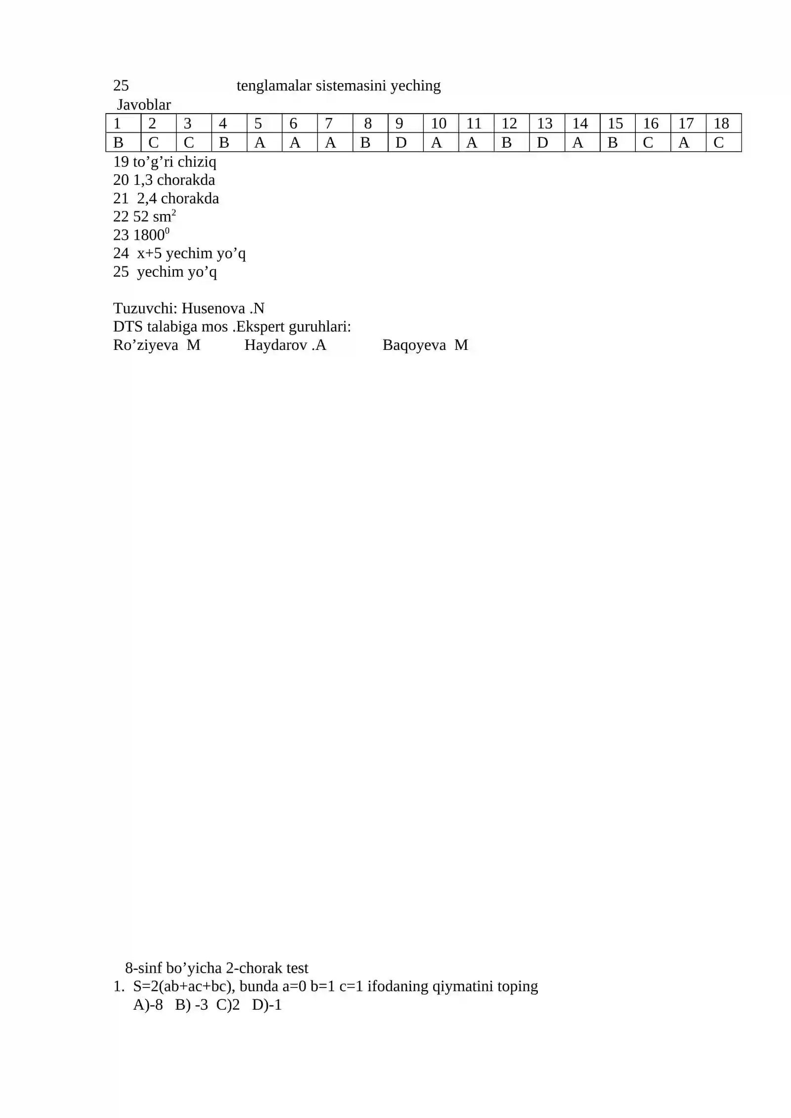 8-sinf bo’yicha 1-chorak test 2