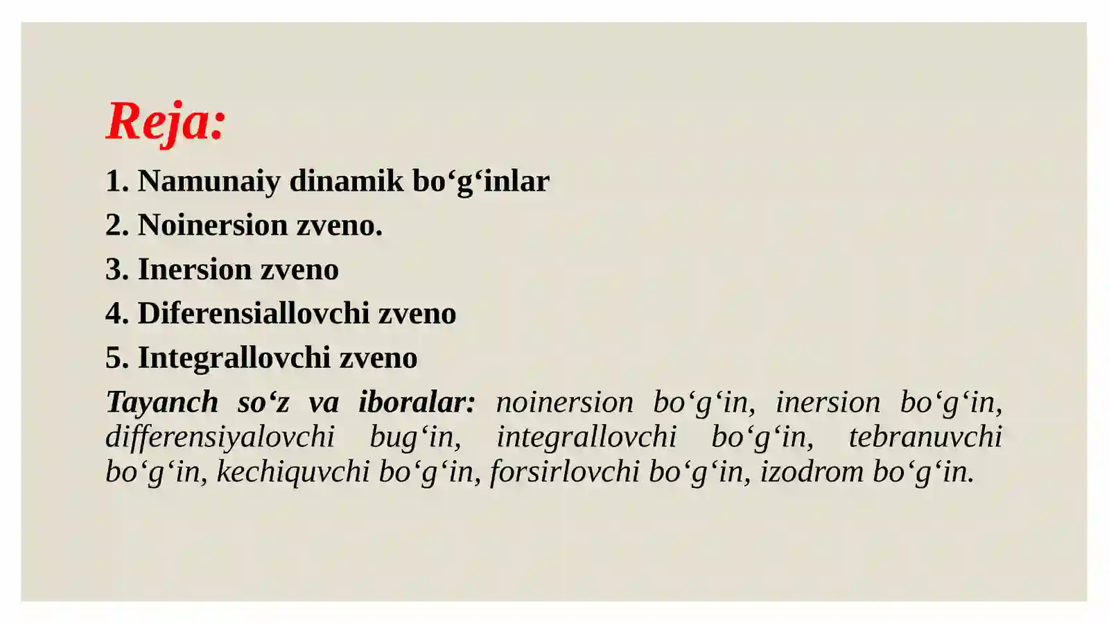 Elementar zvenolar va ularning xarakteristikalari 2