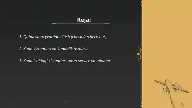 Mehmonxonada ko'rsatiladigan asosiy va qo'shimcha xizmatlar 2