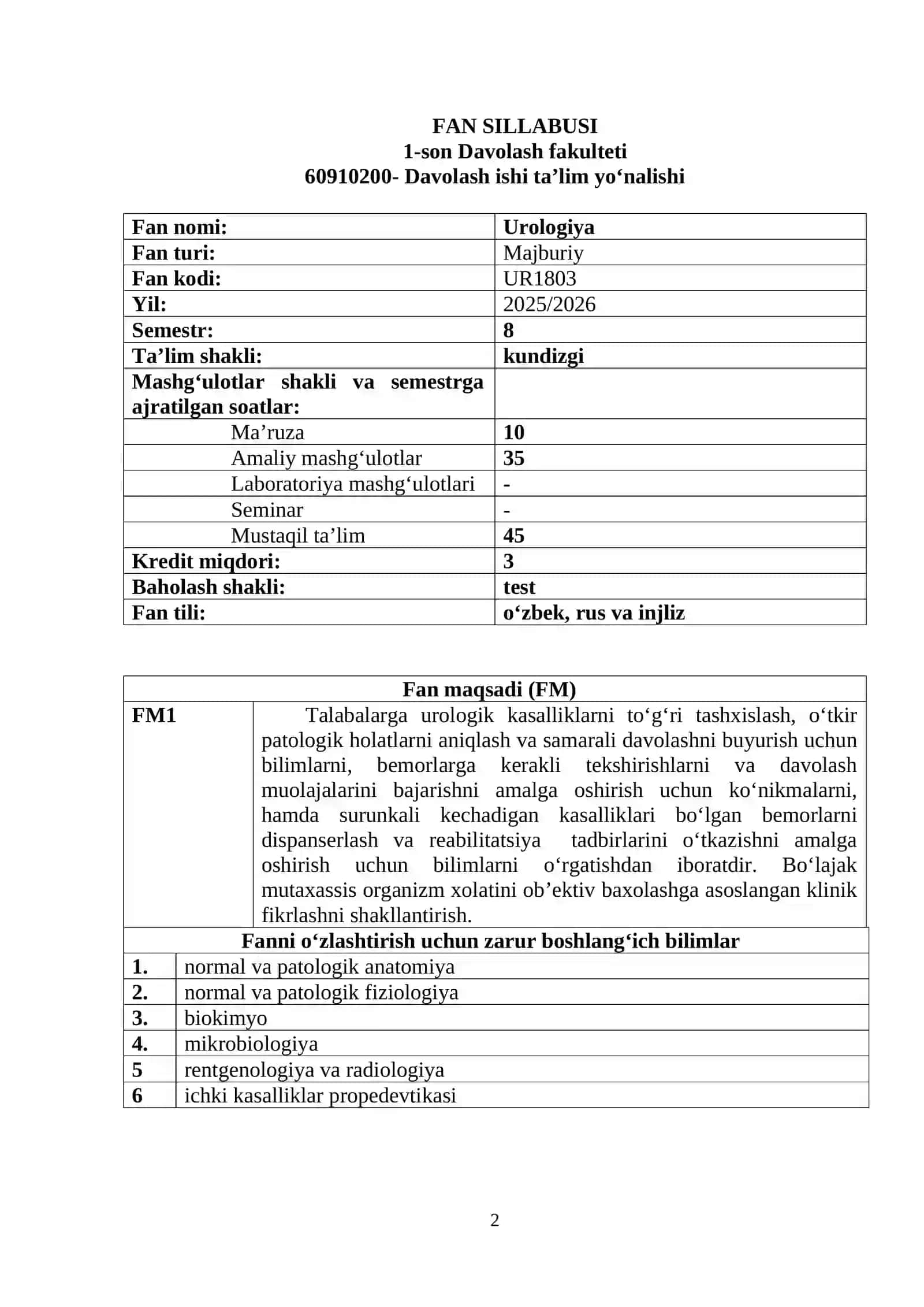 Urologiya fan sillabusi 2