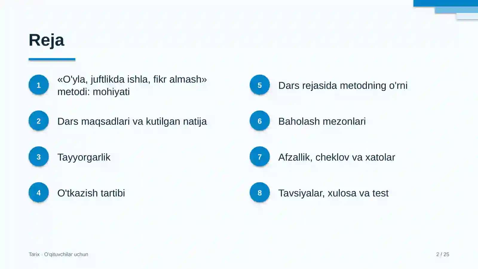 tarix darslarida o'yla juftlikda ishla fikr almash metodidan foydalanish 9776 2