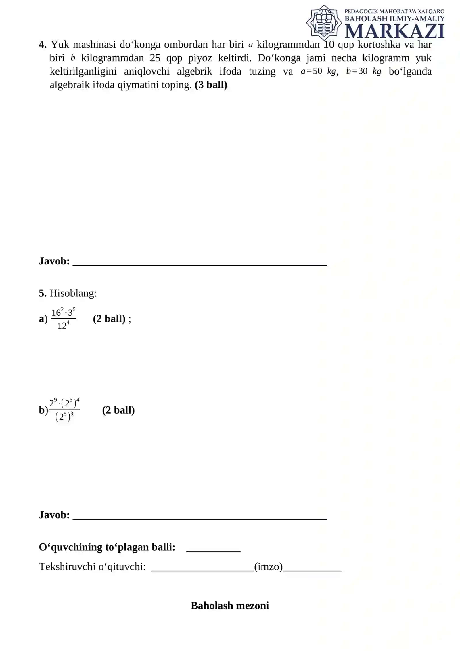 7-sinf Matematikadan BSB savollari 2