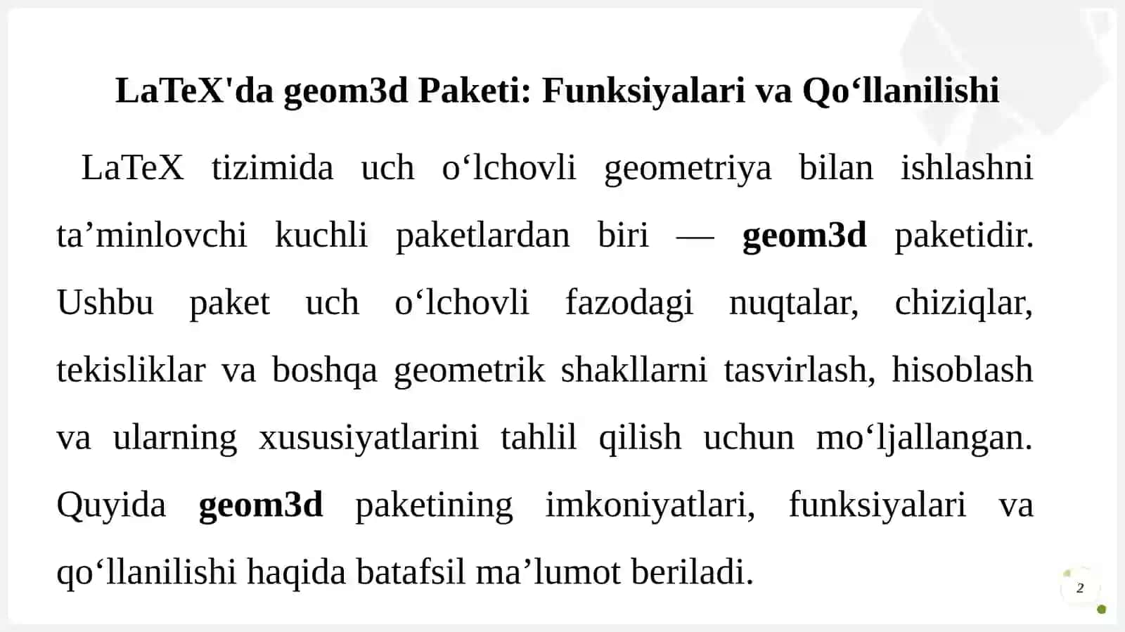 LaTeX'da geom3d Paketi: Funksiyalar va Qo‘llanilishi 2