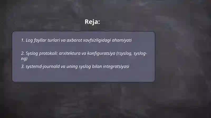 Axborot xavsizligida log fayllar va jurnallash usullari-Loglar orqali kiberxujumlarni aniklash:fail2ban,syslog,ELK stack 2