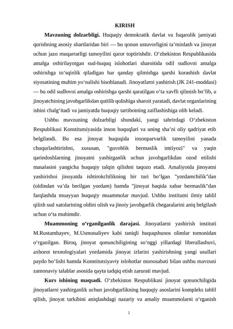 O'ZBEKISTON QONUNCHILIGIDA JINOYATLARNI YASHIRGANLIK UCHUN JAVOBGARLIK MASALALARI 2