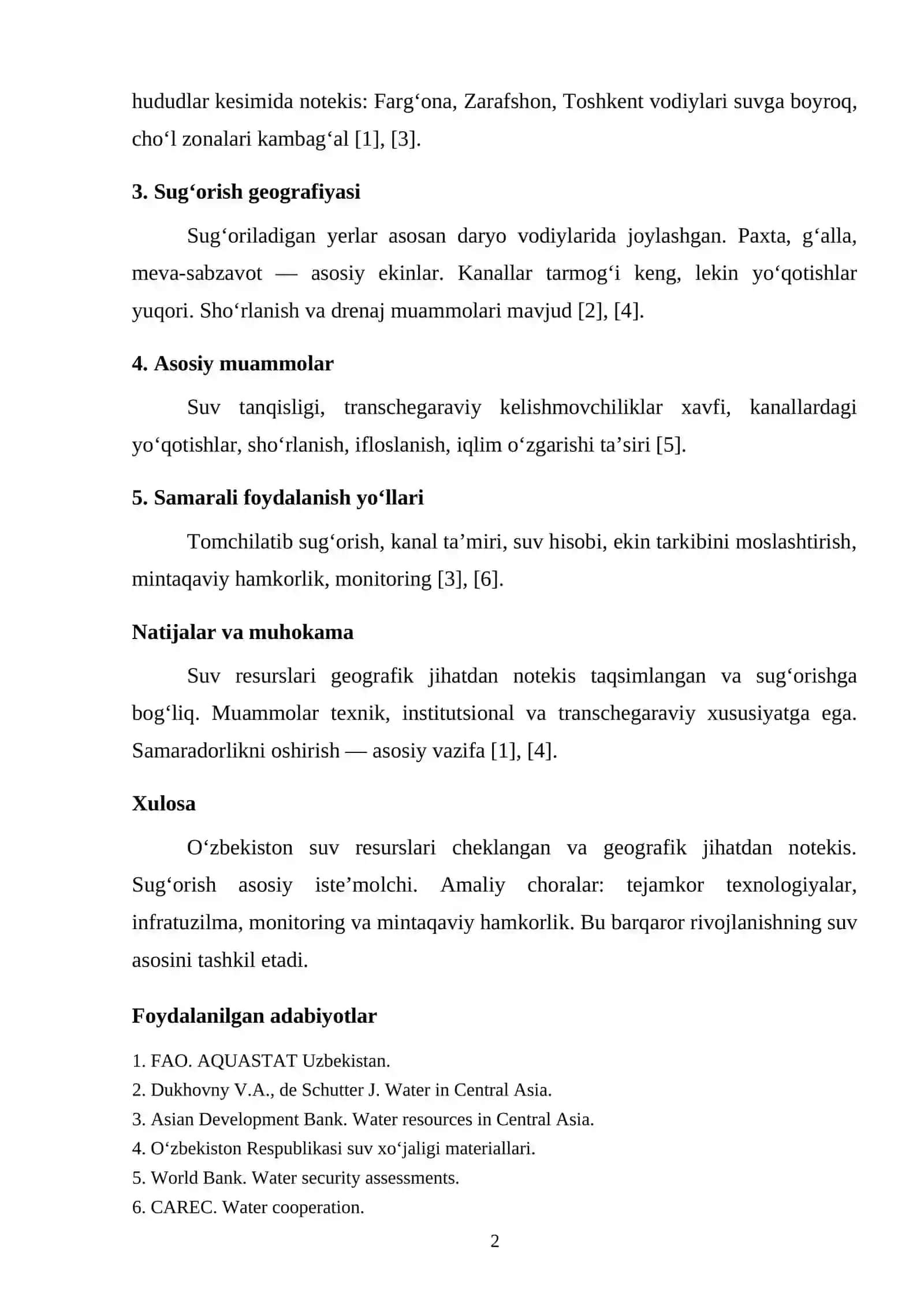 O‘zbekistonning suv resurslari va ulardan samarali foydalanishning geografik muammolari 2