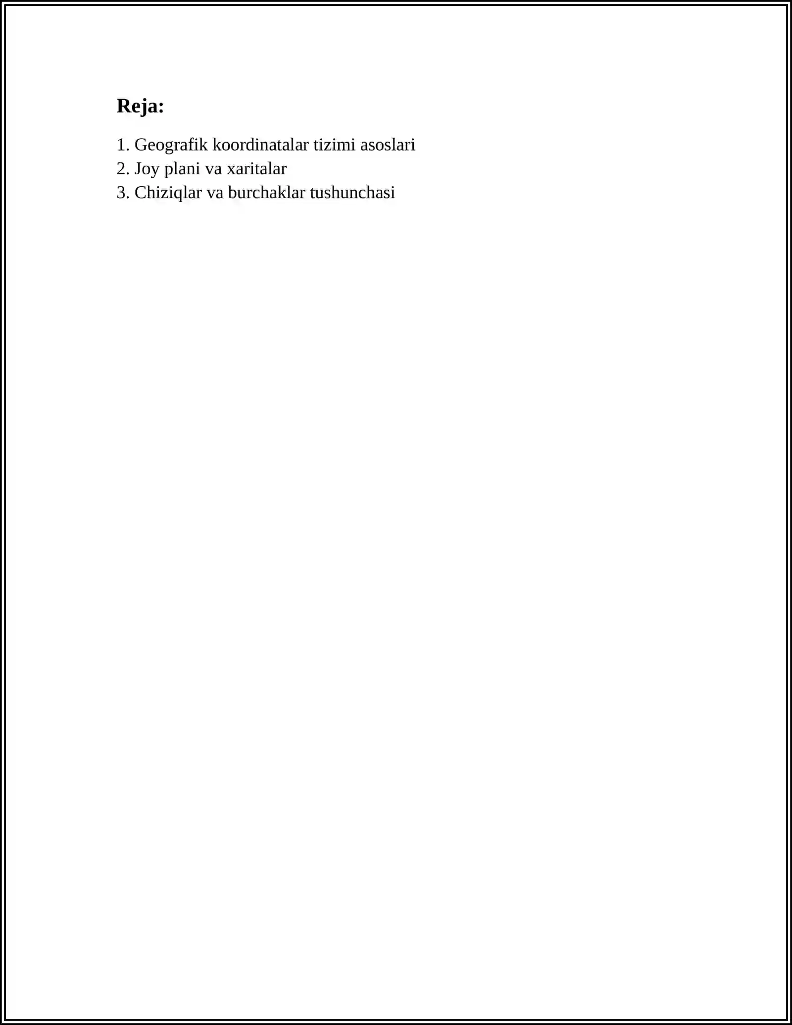 MUSTAQIL ISH Mavzu: JOY PLANI VA GEOGRAFIK KOORDINATALAR TIZIMI,ORIYENTIRLASH,ORIYENTIRLASH BURCHAKLARINI O‘RGANISH 2